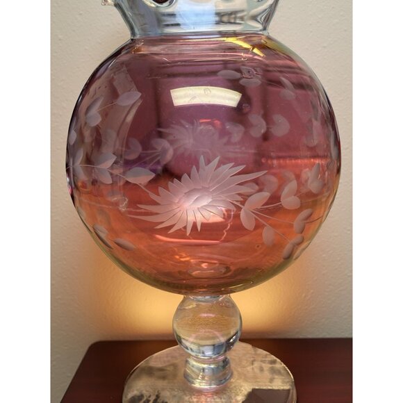 Hand Cut Cranberry Overlay Vase Deep Floral Design, Bohemian Style 8 inch Tall - Picture 8 of 9